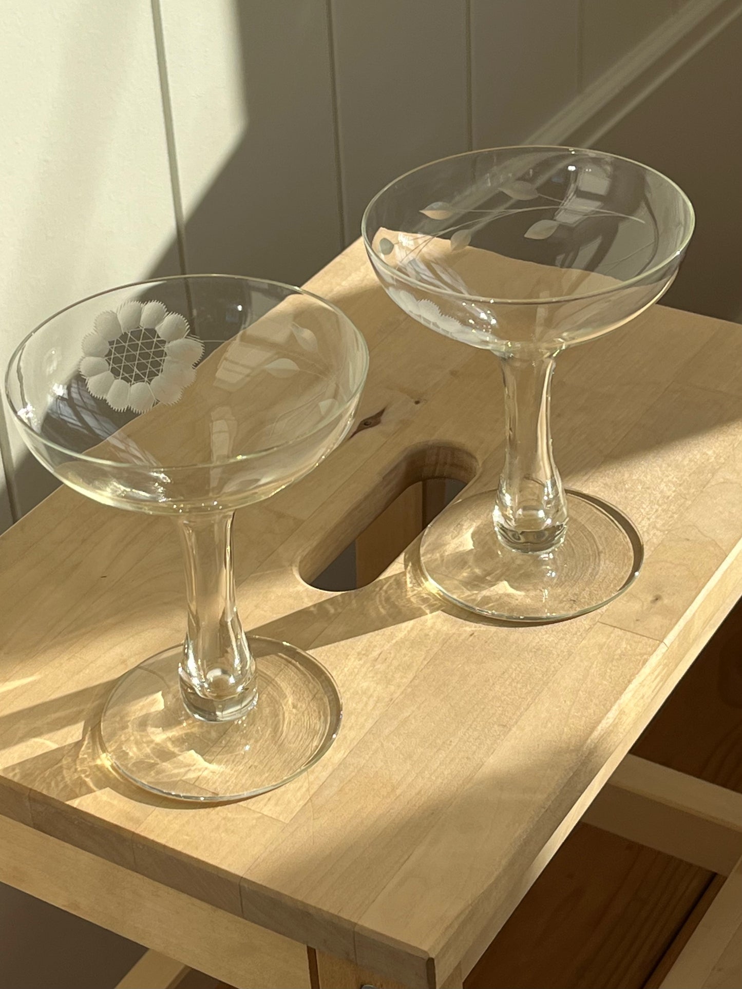 vintage floral crystal coupes with hollow stem